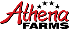 Athena Farms logo featuring vibrant red cursive and bold black lettering with decorative stars.