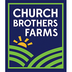 Vibrant Church Brothers Farms logo featuring sun, hills, and bold text on a blue background.