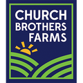 Vibrant Church Brothers Farms Logo with Sun and Hills Vibrant Church Brothers Farms logo featuring sun, hills, and bold text on a blue background.