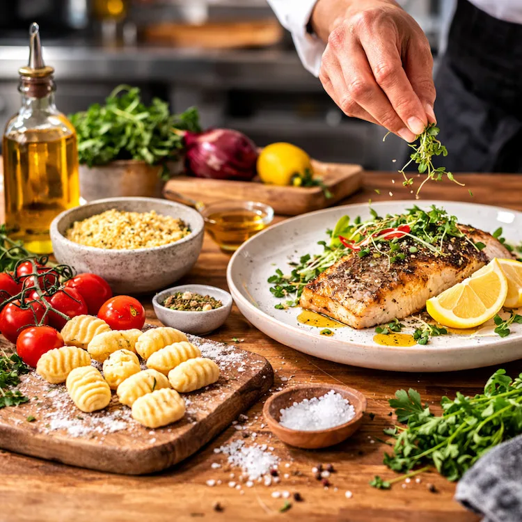 Chef garnishing a plated salmon fillet with fresh microgreens and lemon, showcasing premium foodservice preparation and ingredient quality for wholesale food distribution.
