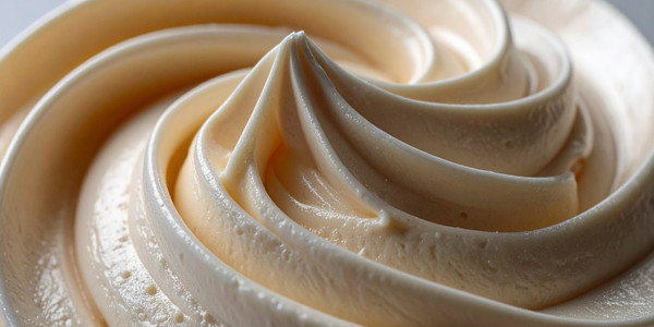 Delicious soft-serve ice cream swirl, creamy beige with caramel hints, inviting and indulgent treat.